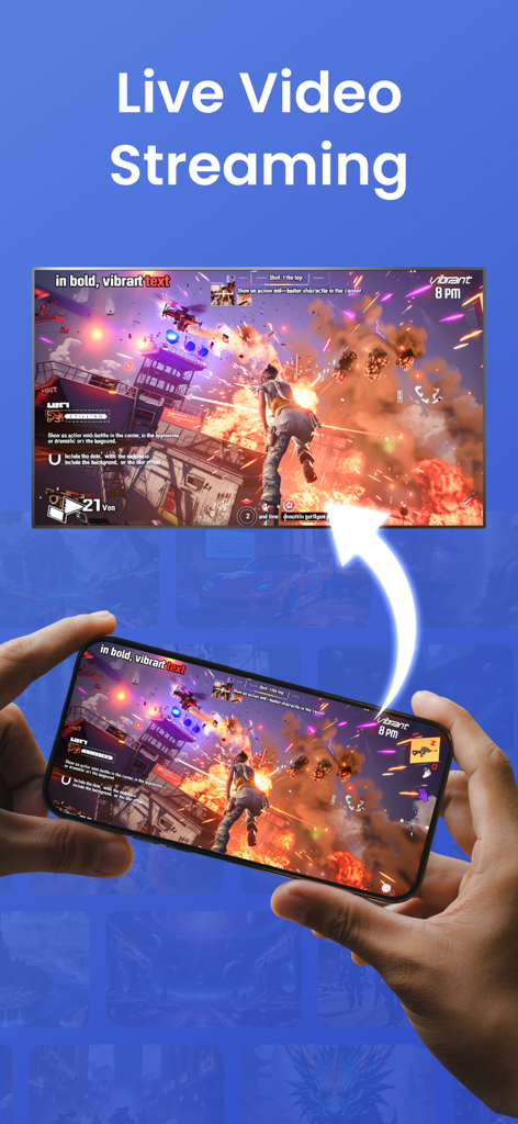 A hand holding an iPhone wirelessly mirroring an action game to a large Smart TV screen