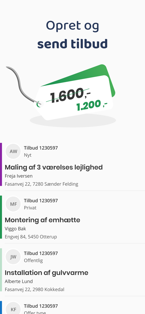 OS Worker - Mobile app interface displaying a list of job quotes for painting and installation services