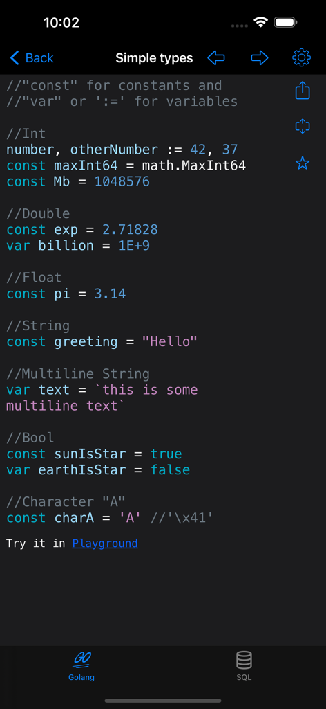 A mobile screen showing Golang code examples for simple data types like integers, doubles, and strings.