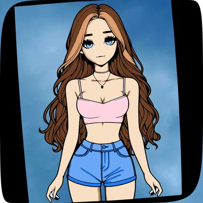 a realistic girl with long hair and in a crop top and shprts