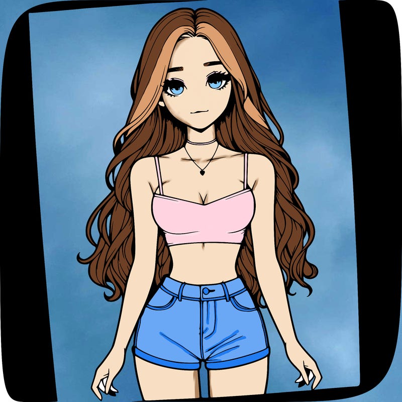 a realistic girl with long hair and in a crop top and shprts