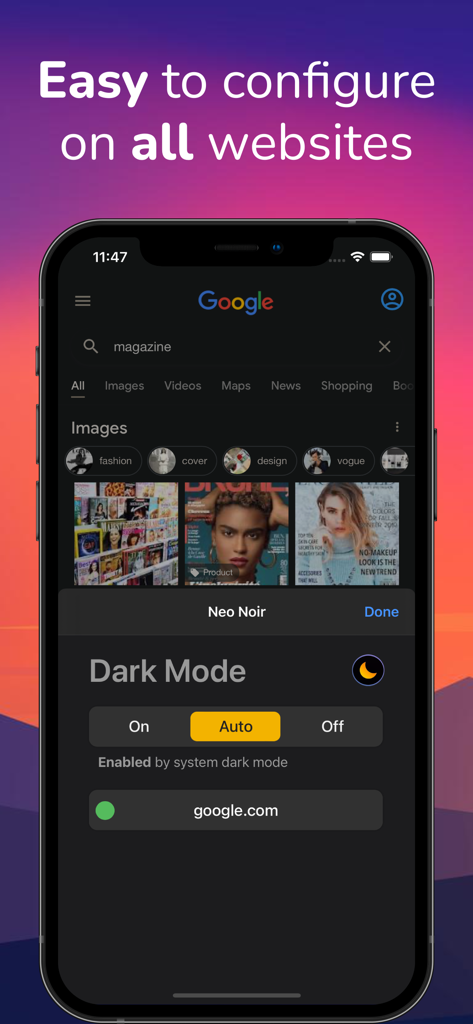 Dark Night - mode for Safari - ウェブサイトでダークモードが有効になっているDark Night Safari拡張機能の設定を示すiPhone画面。
