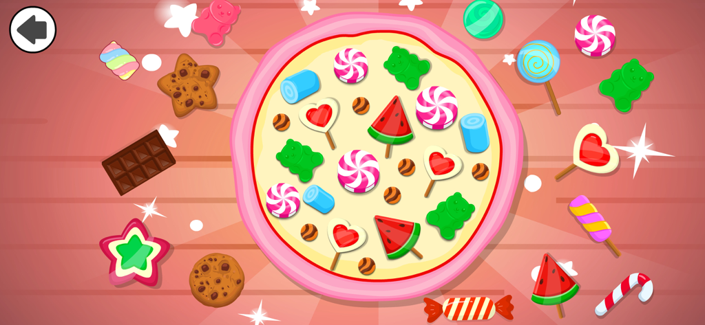 Pizza Maker Games for Kids 2-4 - 幼児向け料理ゲームで、キャンディーとグミベアで飾られたカラフルなデザートピザ。
