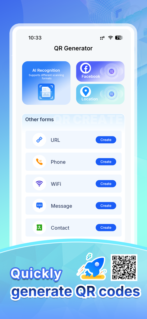Interface of the QR Code Smart Scanner app showing options to generate QR codes for social media, URL, phone, and WiFi