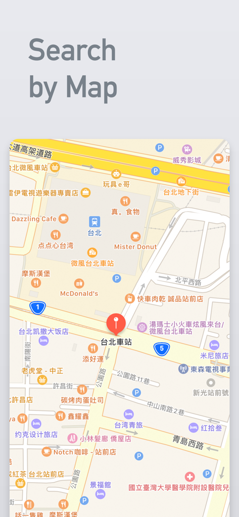 MetroMan Taipei app interface showing the search by map feature centered on Taipei Main Station
