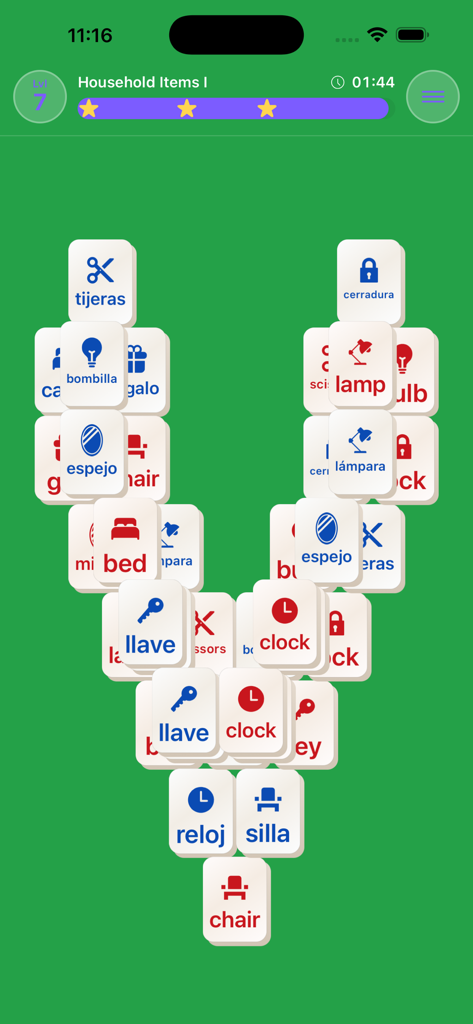 Mahjong Lingo - Mahjong Lingo gameplay interface showing Spanish and English word tiles for household items.