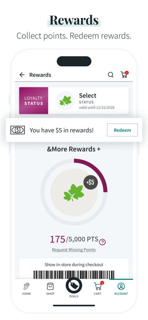 Total Wine & More - Total Wine and Moreモバイルアプリの特典画面。ロイヤリティポイントと引き換えオプションが表示されます。