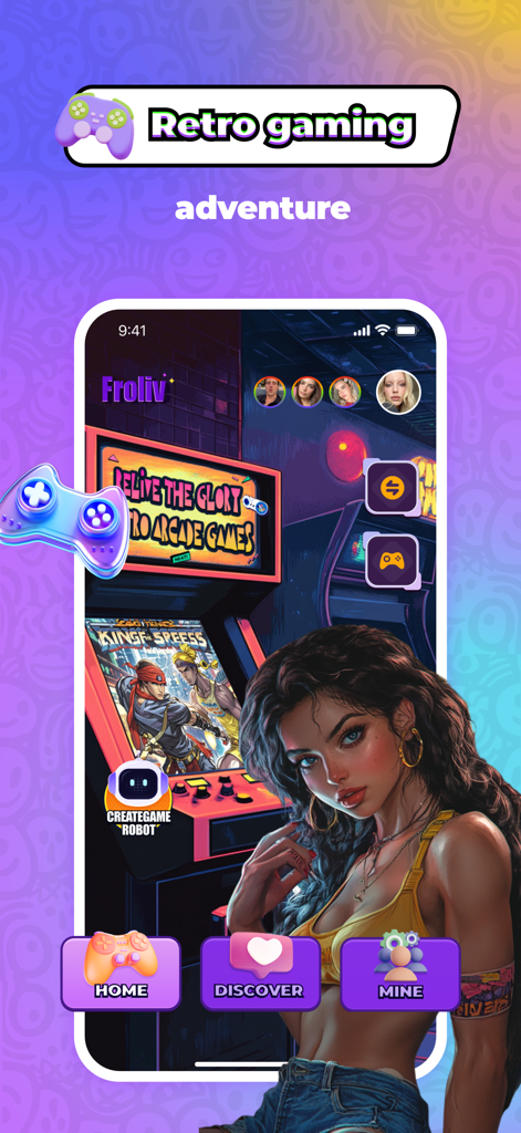 Froliv - Video Call，Have Fun - Froliv app home screen featuring retro arcade games and social discovery icons