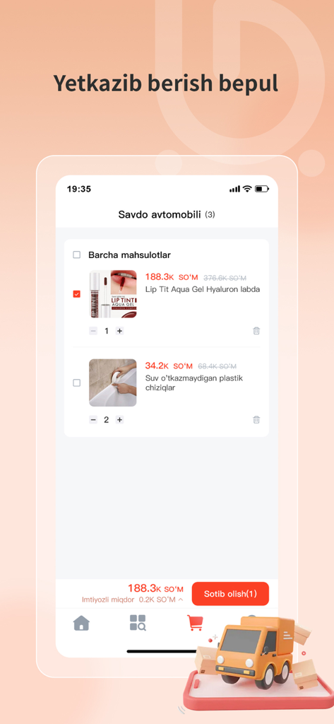 EcoBuyMarket - Interfaz del carrito de compras de la aplicación EcoBuyMarket que muestra productos y precios en Som uzbeko