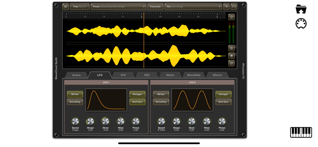 WaveCloud Granular-Synthesizer LFO-Einstellungen und Wellenform-Ansicht