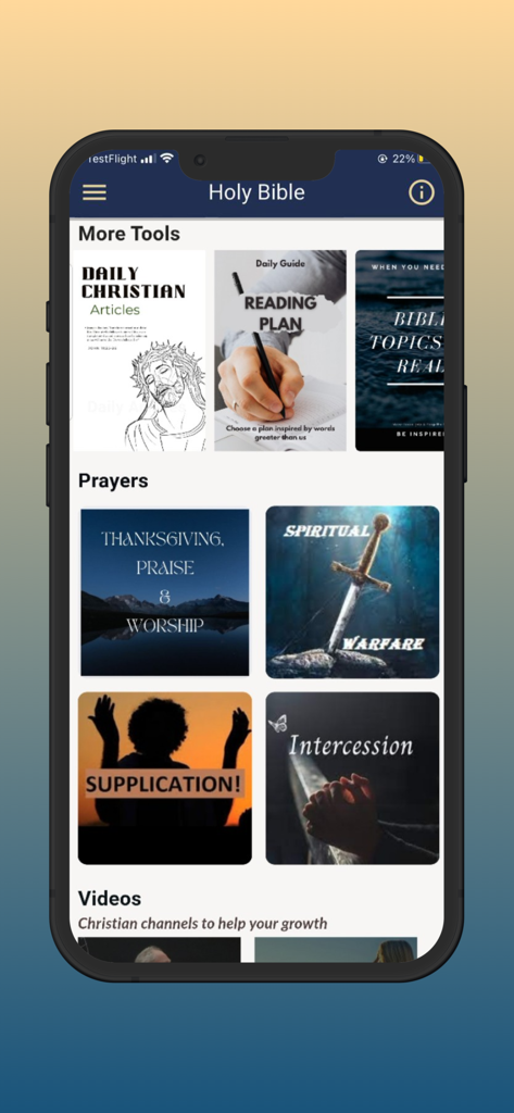 Bible: with study tools - Mobile app interface showing daily christian articles reading plans and various prayer categories like spiritual warfare and intercession.