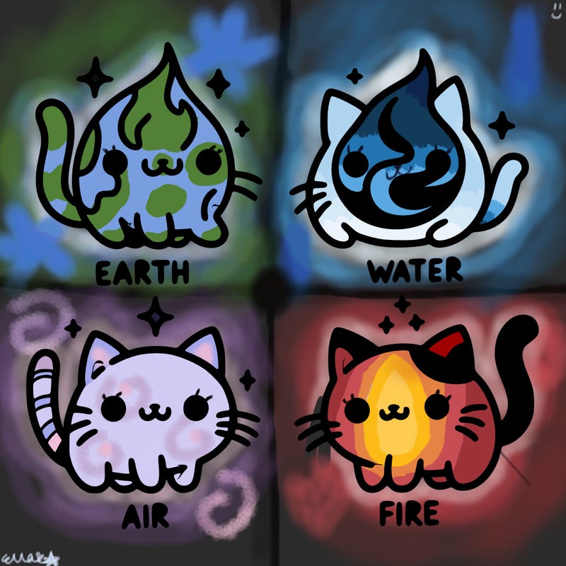4 cats that represent the different elements, earth, water, air, and fire