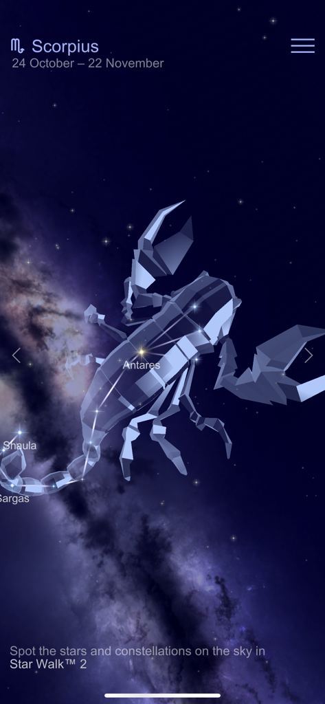 별자리 안내 앱에서 전갈자리 별자리의 3D 모델