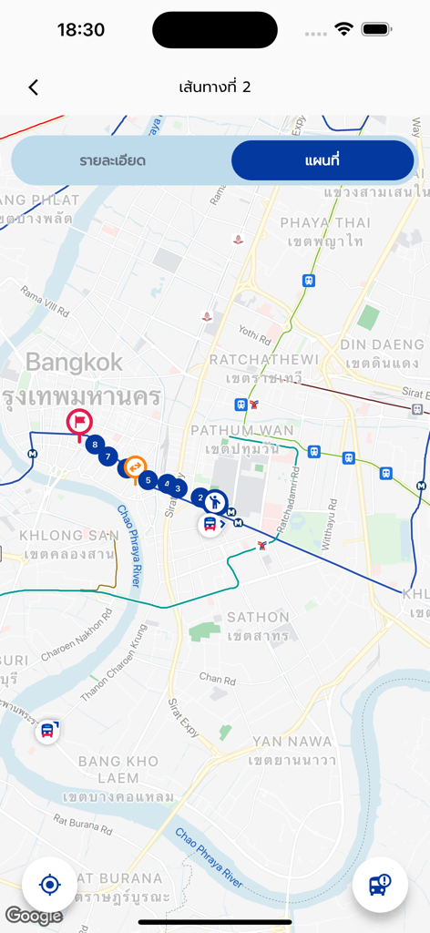 TSB Go Plusアプリのバンコクにおけるリアルタイムバスルートとナビゲーションマップ。