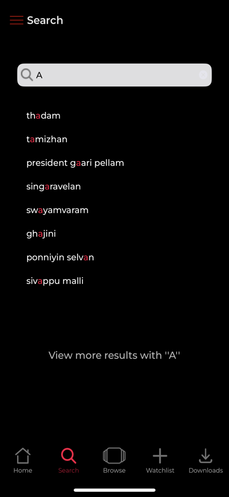 Écran de recherche de l'application mobile Simply South montrant une liste de titres de films sud-indiens disponibles.