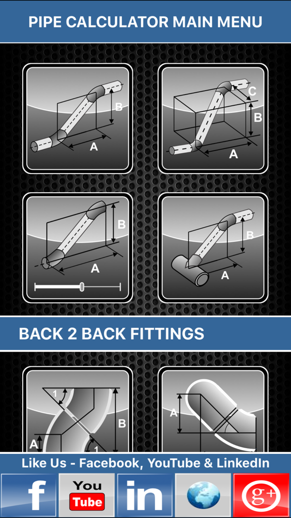 Pipe Fitter Calculator - Main menu of the Pipe Fitter Calculator app showing technical diagrams for offsets and back to back fittings.