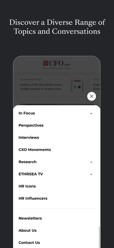 Interface de l'application ETHRSEA montrant le menu de navigation avec des sujets tels que les interviews de recherche et les mouvements de dirigeants.