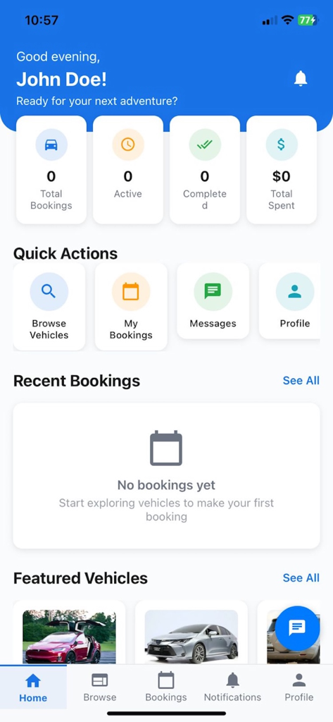 RentMe Grenada - 렌트미 그레나다 앱 대시보드, 사용자 통계 및 추천 렌탈 차량 표시