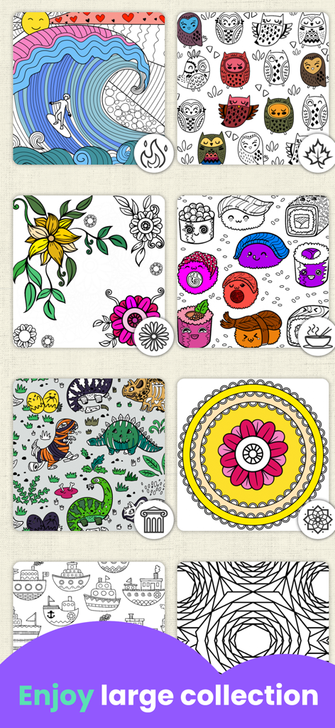 SKIDOS Coloring Games for Kids - Cuadrícula que muestra una variedad de páginas para colorear para niños que incluyen animales, sushi y mandalas