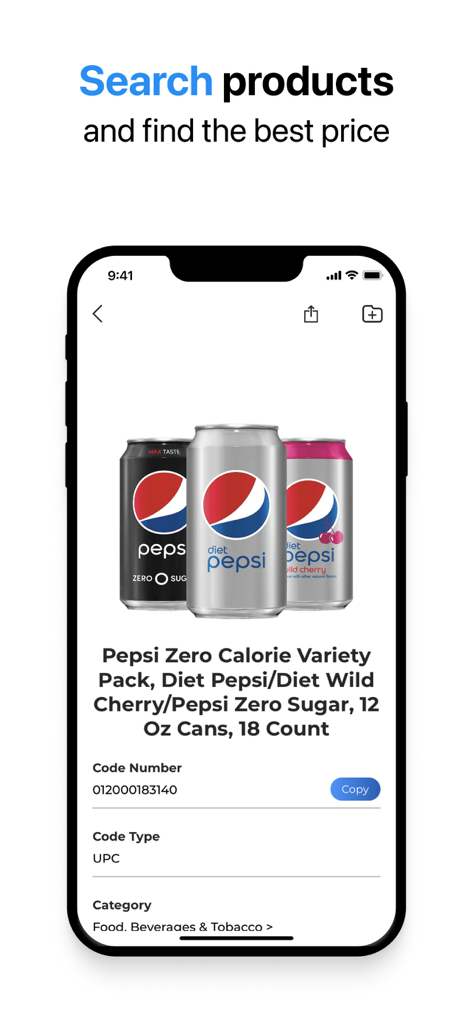 Qr-Code Scanner & Creator App - Pantalla de iPhone que muestra los detalles del producto para un paquete variado de Pepsi, incluido el número de código de barras y la categoría después de escanear