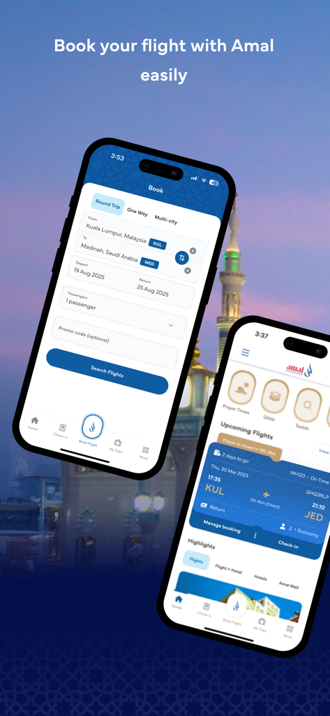 Amal by Malaysia Airlines - Amal by Malaysia Airlines app screens showing flight booking for Umrah and integrated religious features like prayer times and Qibla