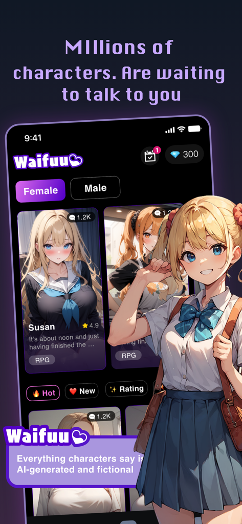 Waifuu: Anime AI Dating Sim - Interface do aplicativo Waifuu exibindo vários personagens de IA de anime disponíveis para bate-papo com categorias como 'hot', 'new' e 'rating'