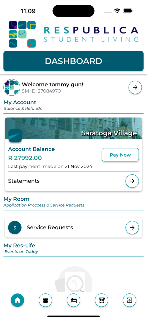 Respublica - Respublica student living app dashboard featuring account management and service requests