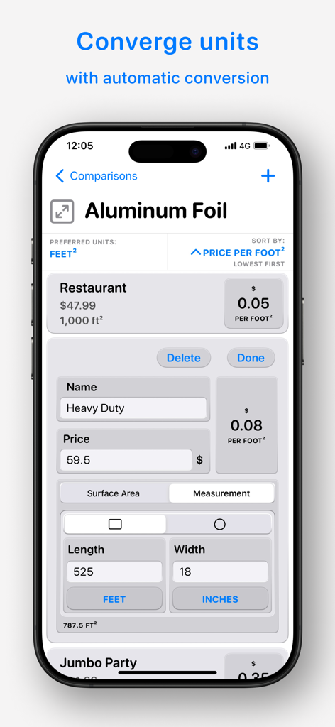 Comparator app screen showing automatic unit conversion to calculate the price per square foot for aluminum foil brands