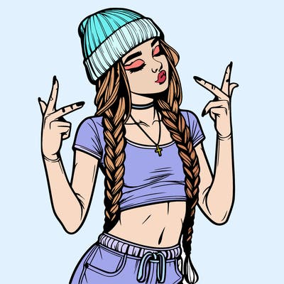 realistic teenage girl with braids and a beanie and crop top doing 🫶🏼