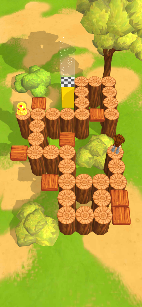 Angelo Labyrinth - A character in Angelo Labyrinth navigates a path made of wooden logs toward a checkered finish line in a green field.