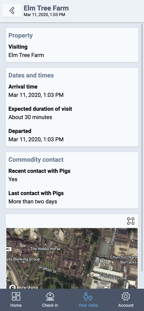 A visit details screen in the Farm Health Guardian app showing location arrival times and animal contact history for biosecurity monitoring