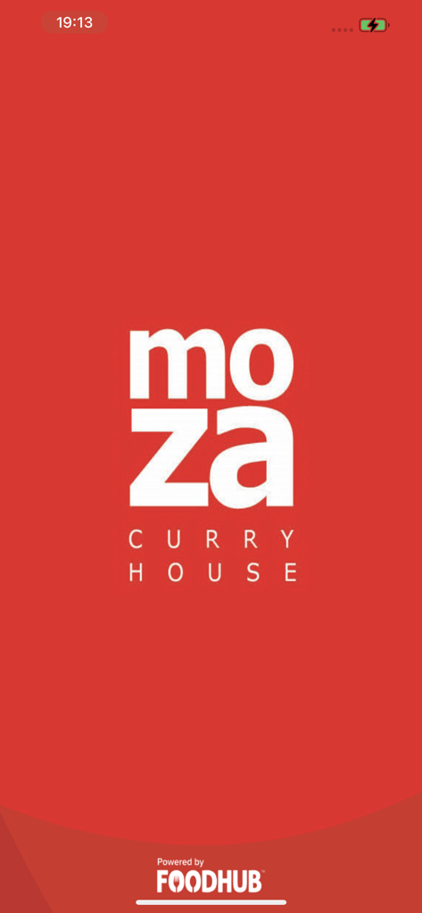 Moza. - Tela de introdução minimalista do aplicativo Moza Curry House com texto branco do logotipo em um fundo vermelho sólido.