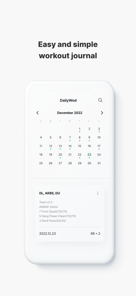 Daily WOD - Log your wods - Daily WOD mobile app interface showing a monthly workout calendar and a logged CrossFit session