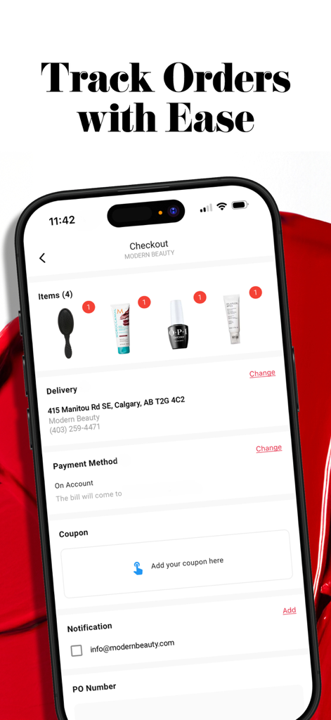 Kassenbildschirm der Modern Beauty App mit professionellen Haar- und Nagelprodukten mit Liefer- und Zahlungsoptionen