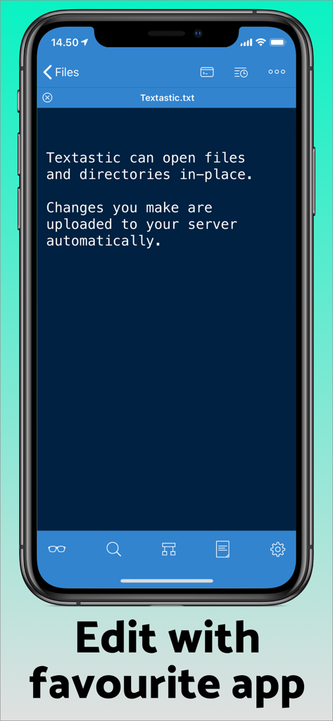 SSH Client - Secure ShellFish - Secure ShellFish interface showing remote file editing integration with the Textastic app on iPhone