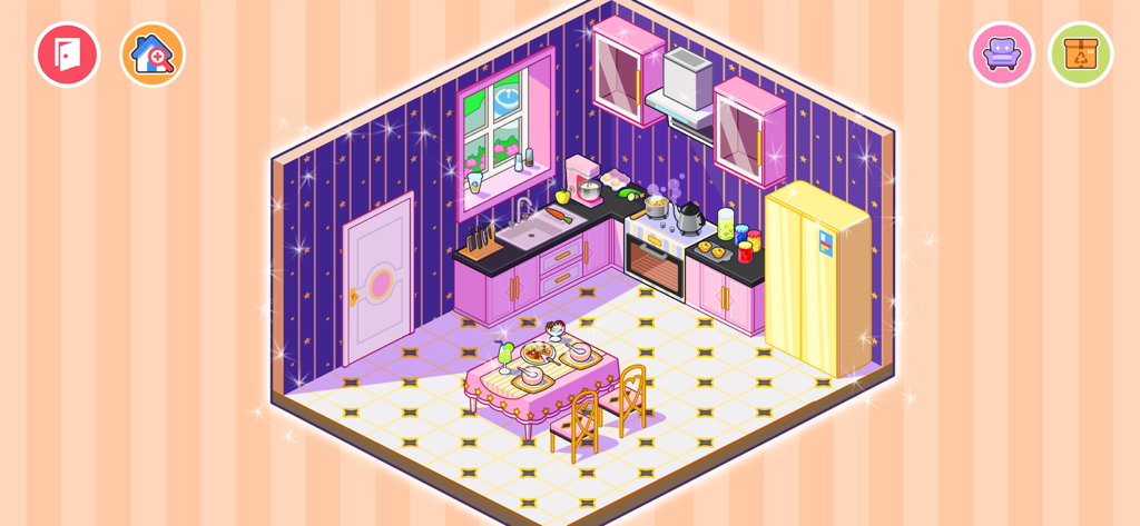 Avatar Home Maker Games World - A pink and purple kitchen with a dining table and cooking appliances in a house design game