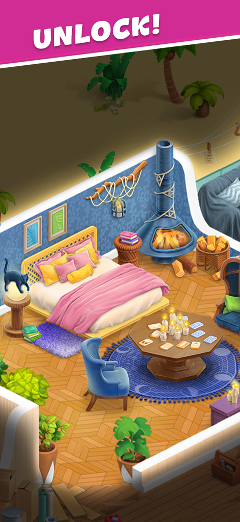 Un dormitorio bohemio decorado con una cama rosa y una chimenea azul en el juego Open House