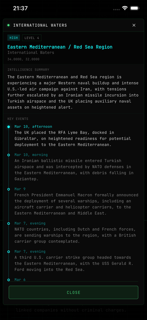 A tactical dashboard showing a chronological timeline of geopolitical signal intelligence and regional conflict events.