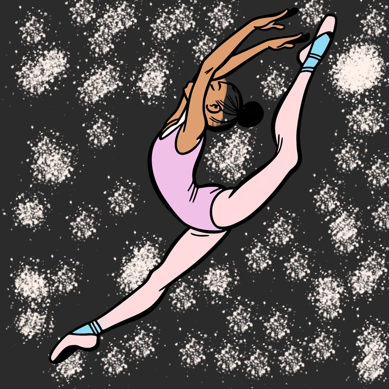 gymnast doing a leap in a leotard with a bent back leg