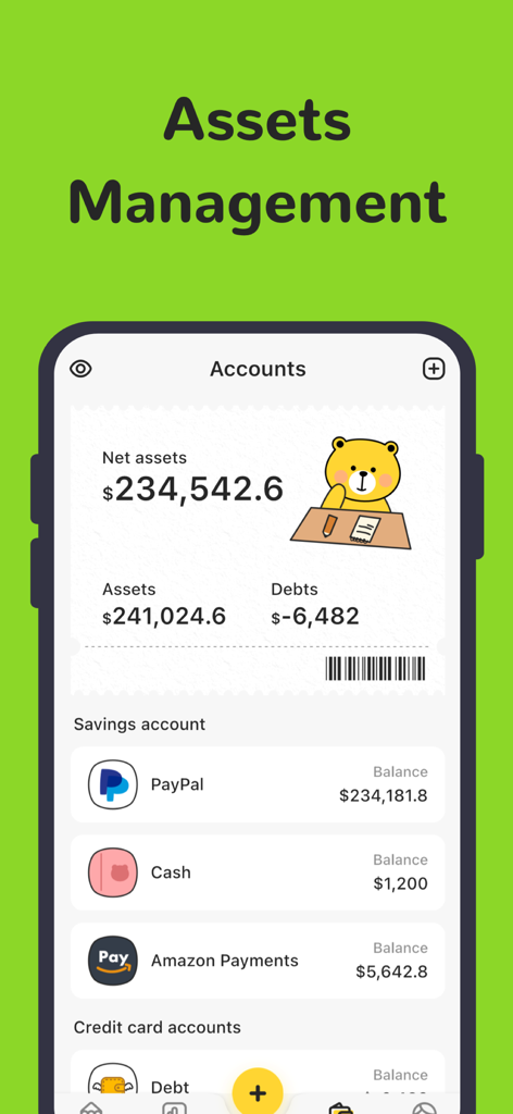 Money Manager App-Bildschirm, der Vermögensverwaltung einschließlich Nettovermögen und Kontoständen für PayPal und Amazon Payments zeigt