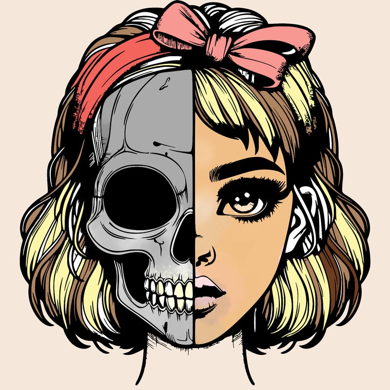 realistic girl with half skull mask
