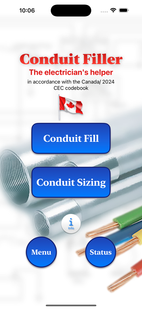 Conduit Filler - Main menu of the Conduit Filler app showing options for conduit fill and conduit sizing calculations