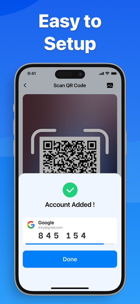 A mobile app screenshot showing a successful QR code scan to add a Google 2FA account with the heading Easy to Setup