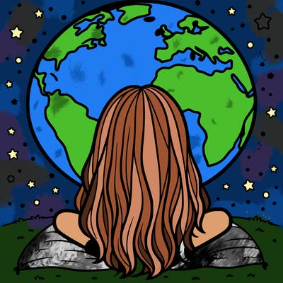 a girl sitting on earth her hair is down the screen