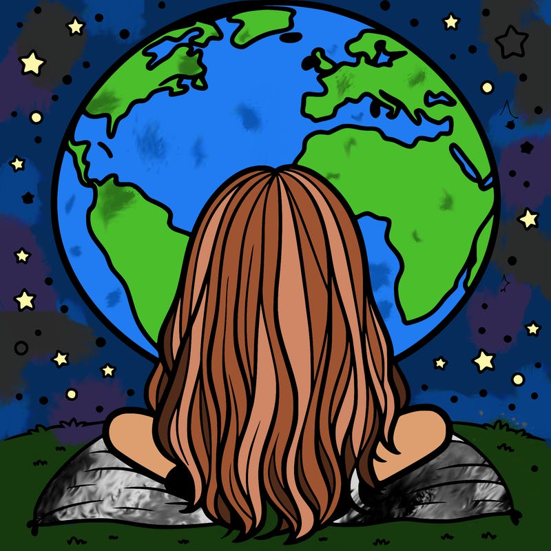 a girl sitting on earth her hair is down the screen