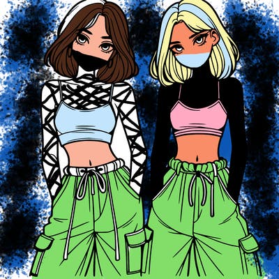 two girls with crop top with baggy pants