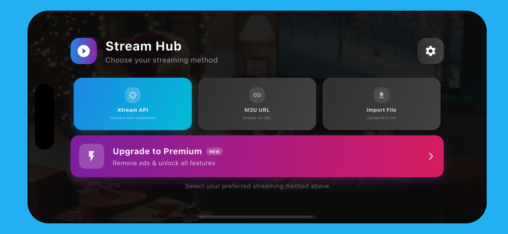 Sparkle Iptv : Player Tv - Sparkle IPTV Player Stream Hub interface with options for Xtream API and M3U URL connections