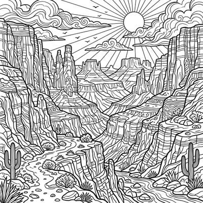 Explore the breathtaking grandeur of Red Rock Canyons with this intricate coloring page designed for adults. Lose yourself in the layered geological formations and serene desert landscape as you color.