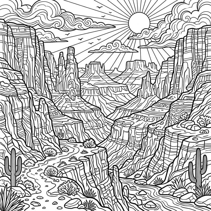 Explore the breathtaking grandeur of Red Rock Canyons with this intricate coloring page designed for adults. Lose yourself in the layered geological formations and serene desert landscape as you color.