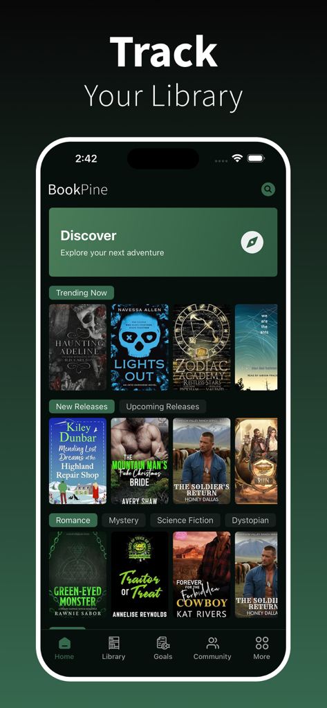 BookPine: Book Tracker Journal - BookPine app discover screen showing a curated list of trending books and new releases.